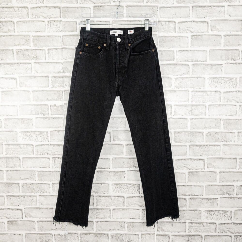 RE/DONE 70s High Rise Stove Pipe Jeans Womens 24 Black Straight Leg Raw Hem